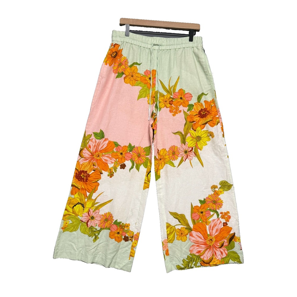 Maison d'Amelie Wide Leg Pants Womens L Linen Blend Floral Palazzo Boho Resort